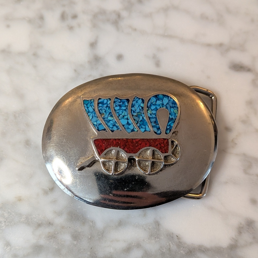 Silver tone Oval crushed turquoise Coral chip inlay Covered Wagon Belt Buckle